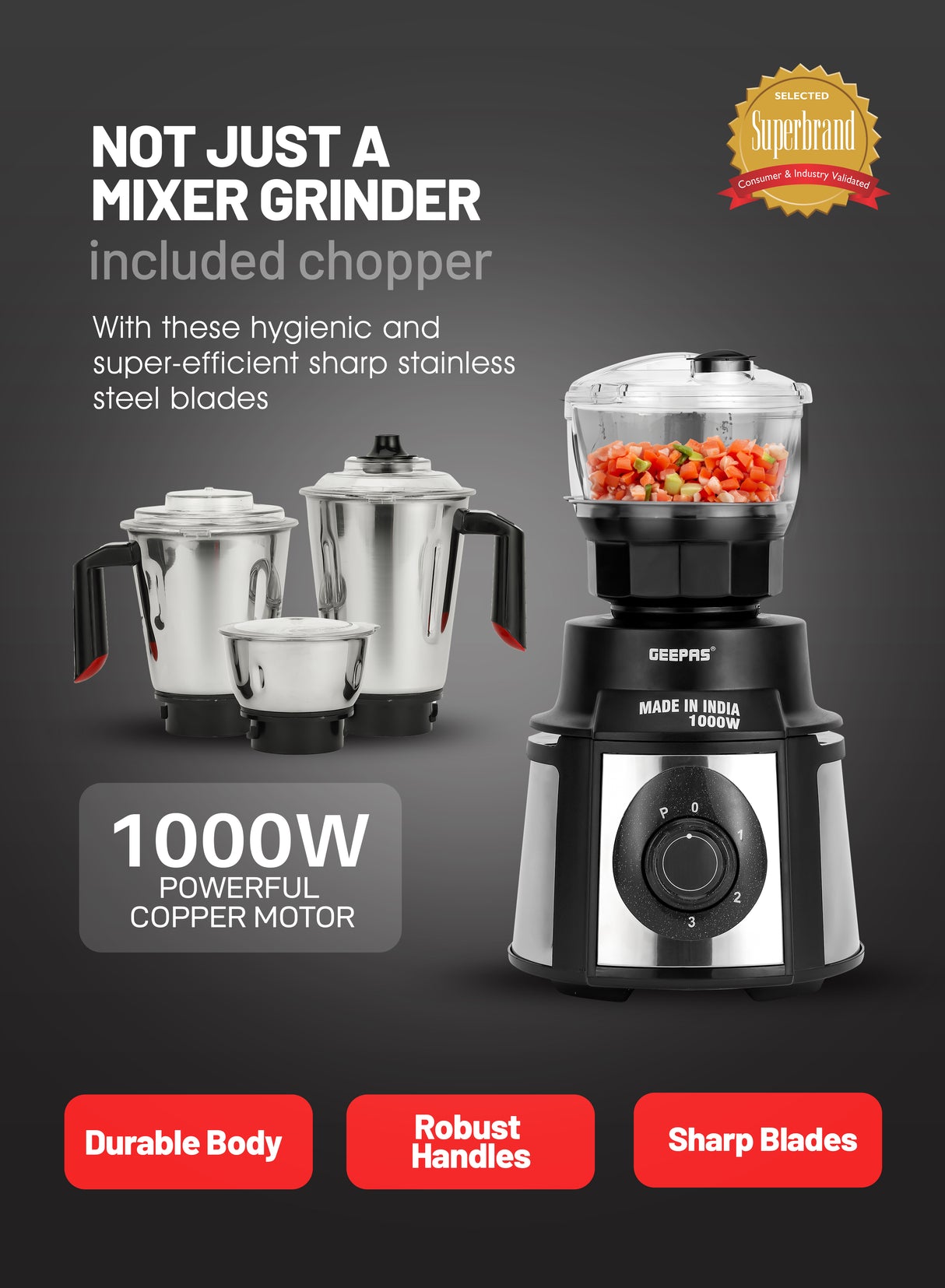 Geepas GSB44108 5-in-1 Mixer Grinder | 1000W Powerful Copper Motor | Durable Stainless Steel Body | Wet & Dry Jars, Chutney Jar, Transparent Atta Kneader & Chopper