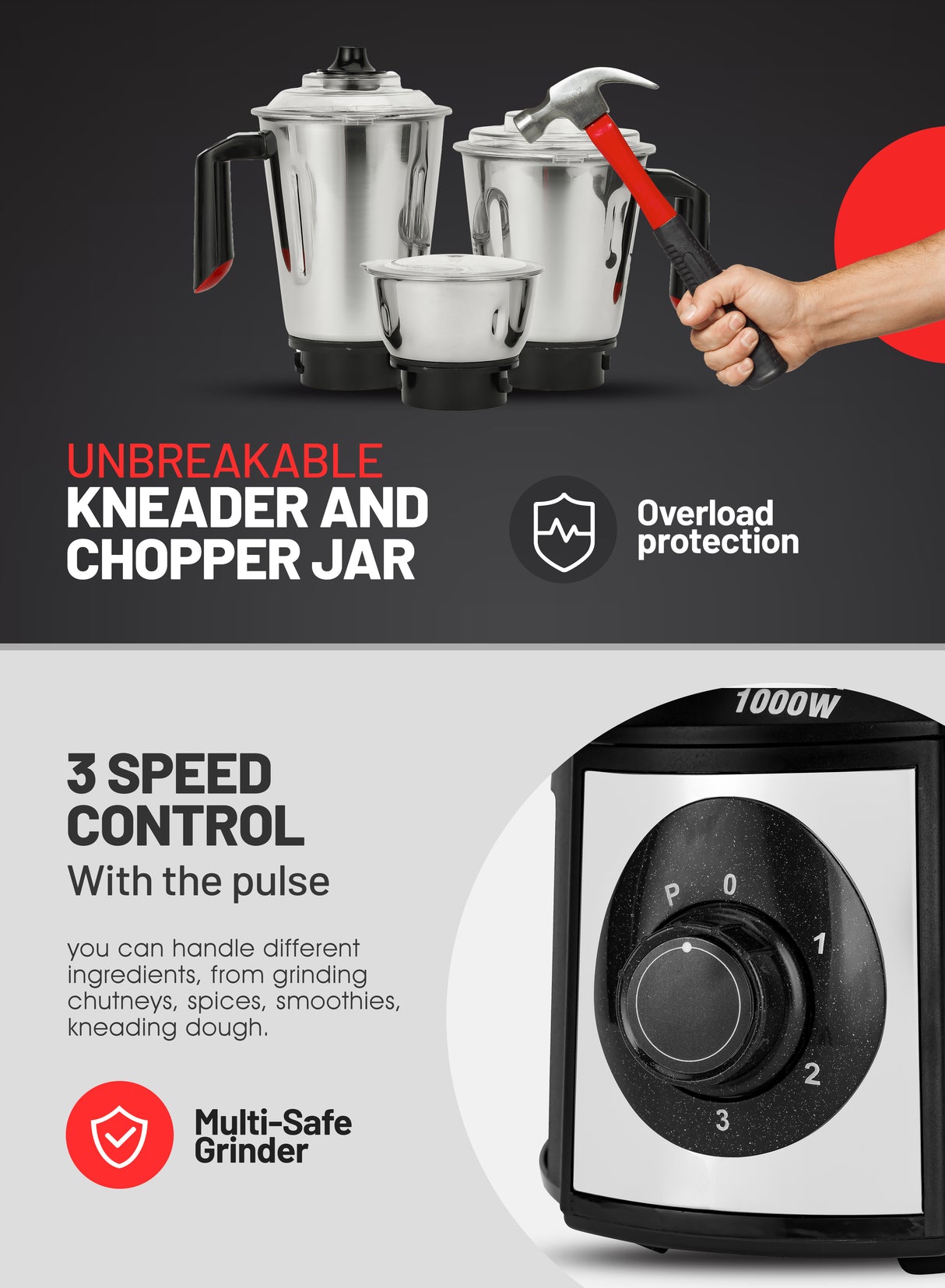 Geepas GSB44108 5-in-1 Mixer Grinder | 1000W Powerful Copper Motor | Durable Stainless Steel Body | Wet & Dry Jars, Chutney Jar, Transparent Atta Kneader & Chopper