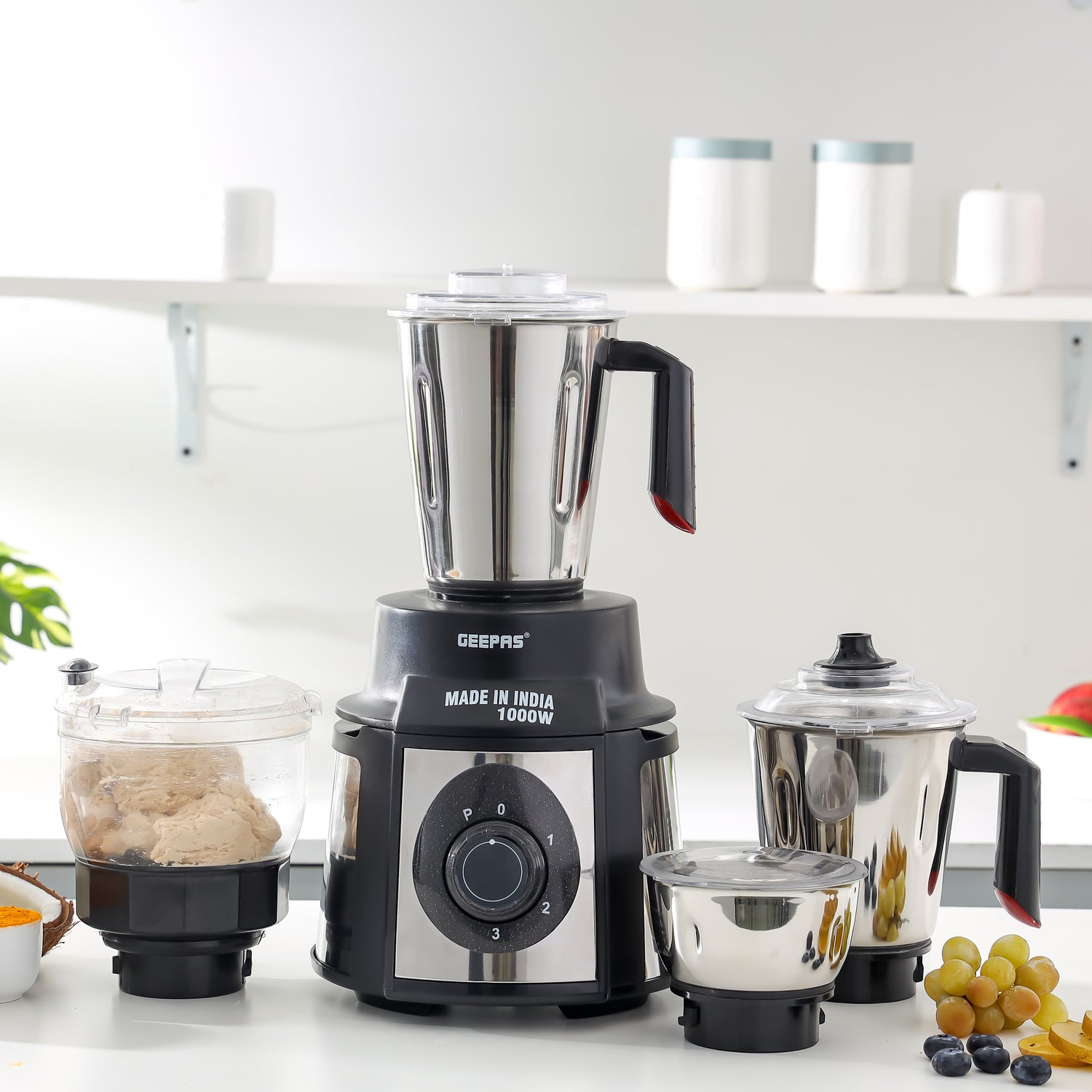 Geepas GSB44108 5-in-1 Mixer Grinder | 1000W Powerful Copper Motor | Durable Stainless Steel Body | Wet & Dry Jars, Chutney Jar, Transparent Atta Kneader & Chopper