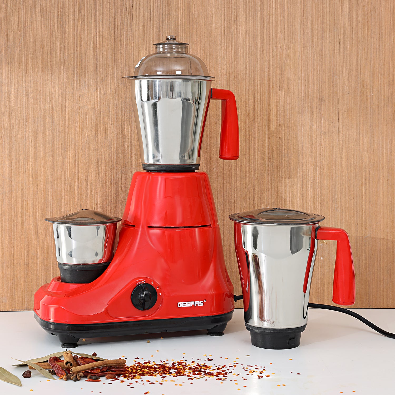 Geepas 3-in-1 Mixer Grinder | Powerful Motor with Stainless Steel Jars | Multi-Purpose Appliance for Grinding, Mixing & Blending | Sharp Blades |  2-Year Warranty