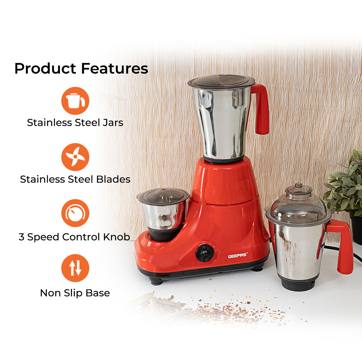 Geepas 3-in-1 Mixer Grinder | Powerful Motor with Stainless Steel Jars | Multi-Purpose Appliance for Grinding, Mixing & Blending | Sharp Blades |  2-Year Warranty