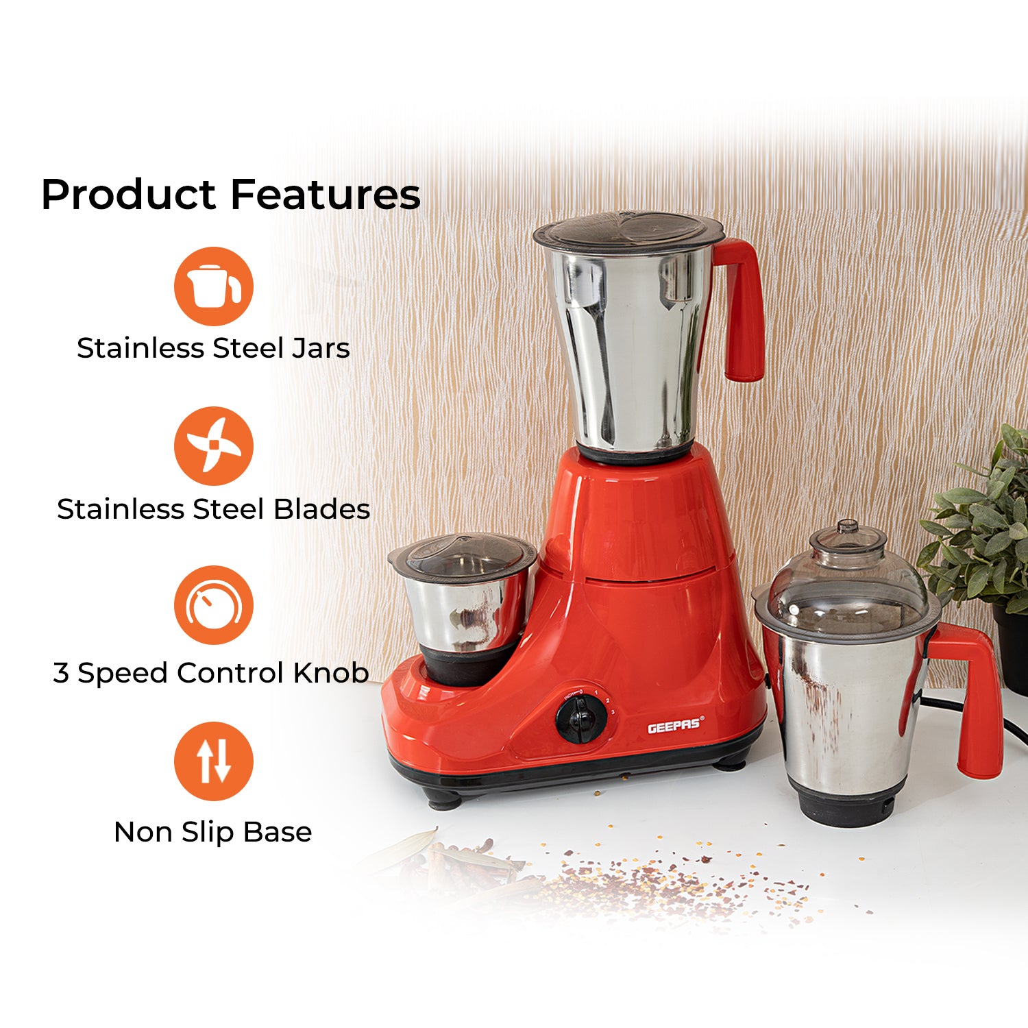 Geepas 3-in-1 Mixer Grinder | Powerful Motor with Stainless Steel Jars | Multi-Purpose Appliance for Grinding, Mixing & Blending | Sharp Blades |  2-Year Warranty