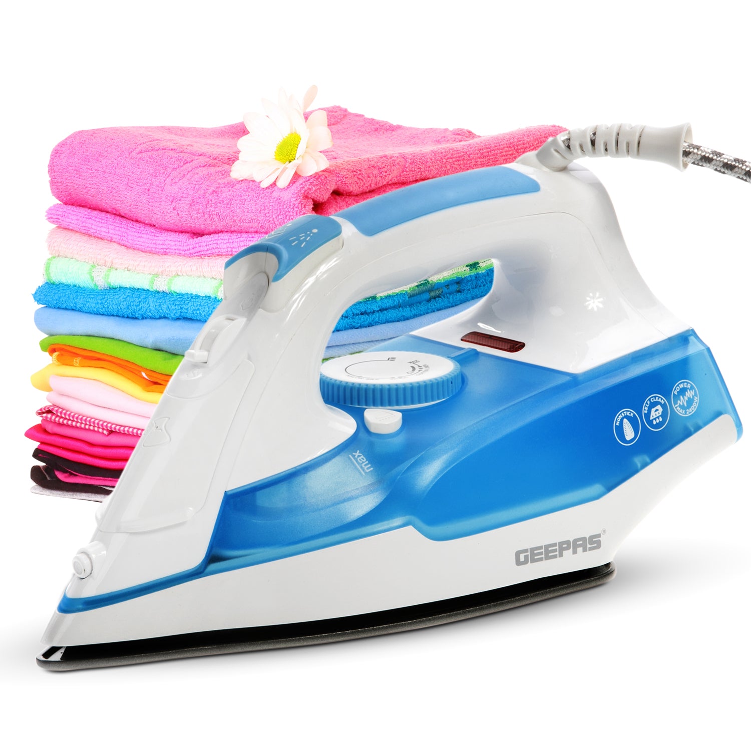 Geepas GSI7809 Steam Iron | 2400W Powerful Iron with Non-Stick Soleplate| Spray & Steam Function| Self-Clean| Variable Temperature Control | 240ml Tank| 2 Years Warranty