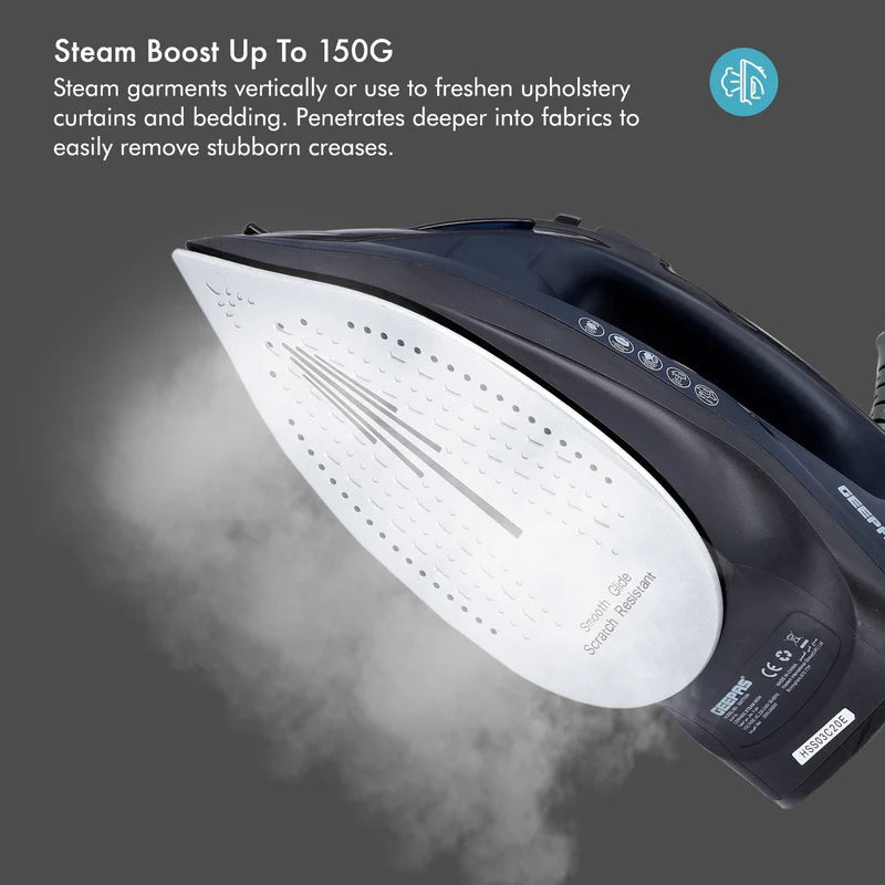 Geepas GSI7703 Ceramic Steam Iron | 2400W Powerful Steam Iron with 220ml Water Tank| Ceramic Soleplate| Self-Cleaning Function| Temperature Control & 2 Years Warranty