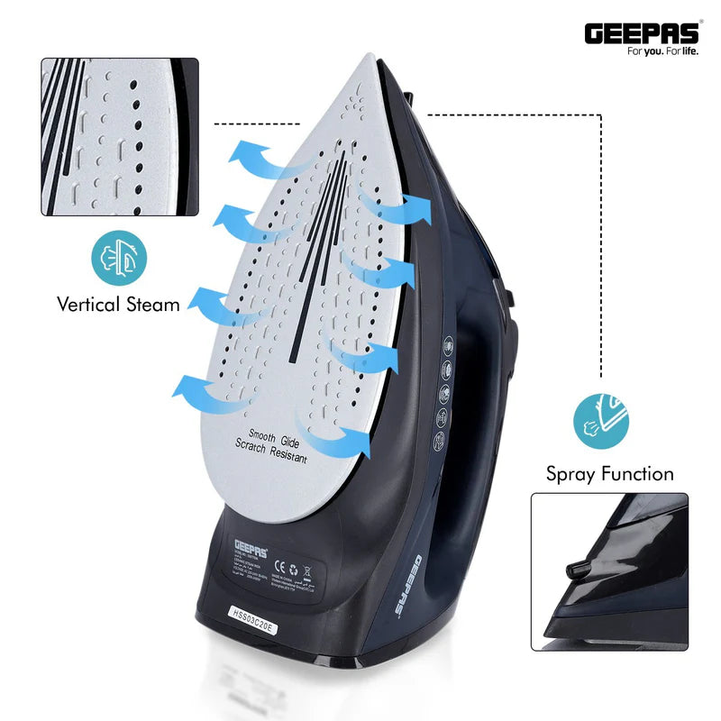 Geepas GSI7703 Ceramic Steam Iron | 2400W Powerful Steam Iron with 220ml Water Tank| Ceramic Soleplate| Self-Cleaning Function| Temperature Control & 2 Years Warranty