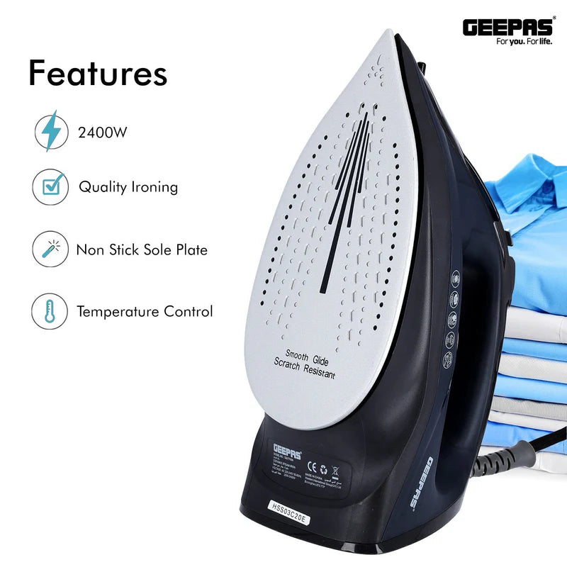 Geepas GSI7703 Ceramic Steam Iron | 2400W Powerful Steam Iron with 220ml Water Tank| Ceramic Soleplate| Self-Cleaning Function| Temperature Control & 2 Years Warranty