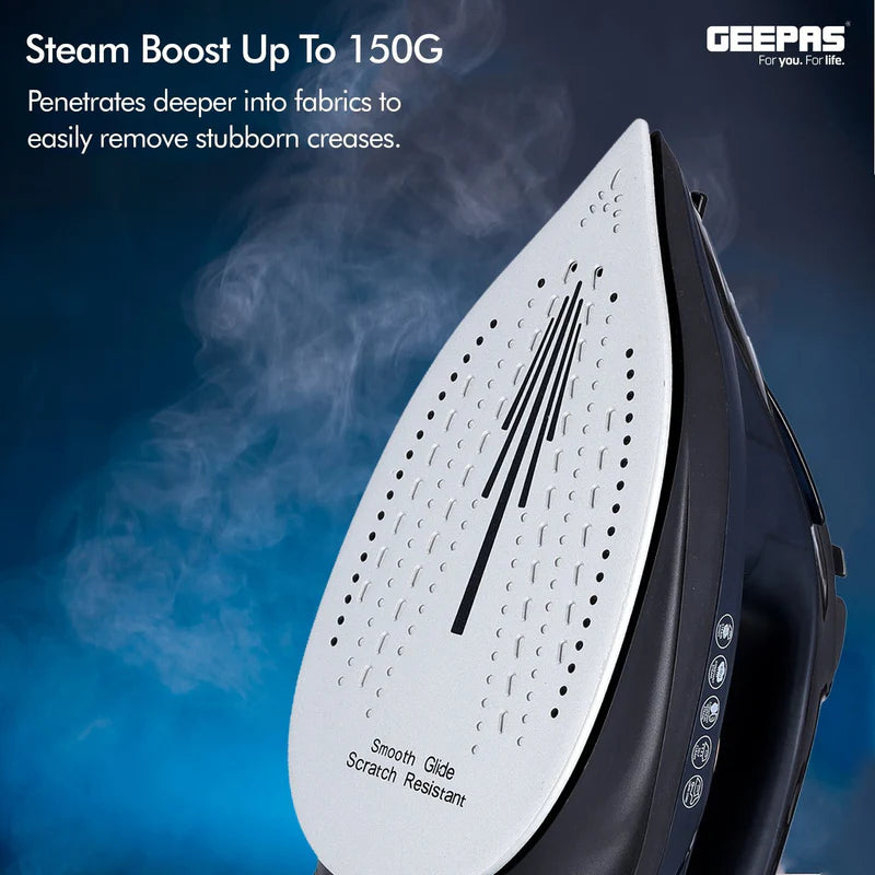Geepas GSI7703 Ceramic Steam Iron | 2400W Powerful Steam Iron with 220ml Water Tank| Ceramic Soleplate| Self-Cleaning Function| Temperature Control & 2 Years Warranty