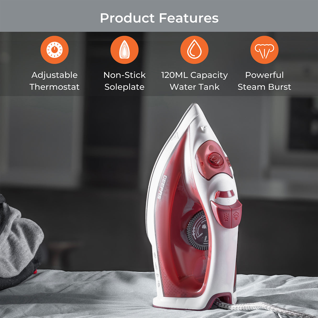 Geepas Steam Iron- GSI7783/ Dry Ironing Box with Non-Stick Soleplate, Comfortable Handle and Handy Design with Multiple Functions/ 120 ml Water Tank