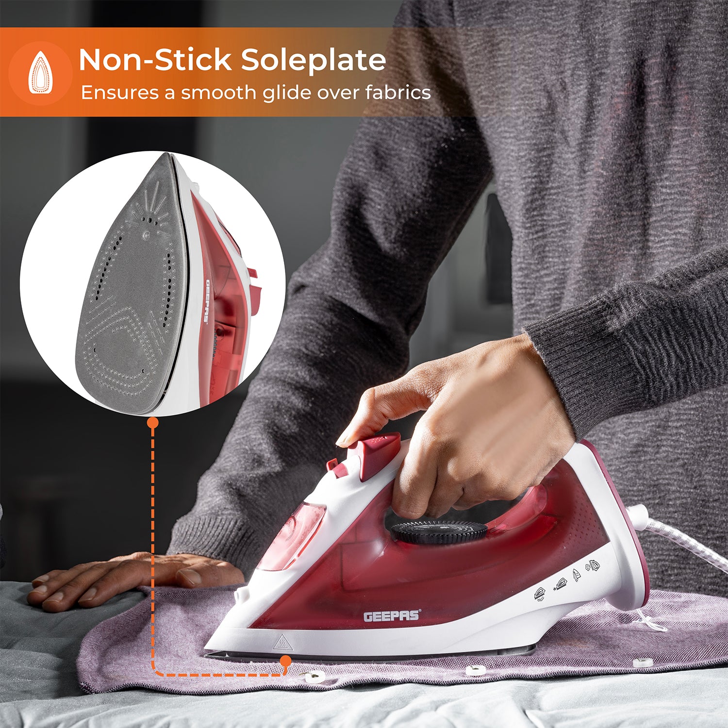 Geepas Steam Iron- GSI7783/ Dry Ironing Box with Non-Stick Soleplate, Comfortable Handle and Handy Design with Multiple Functions/ 120 ml Water Tank