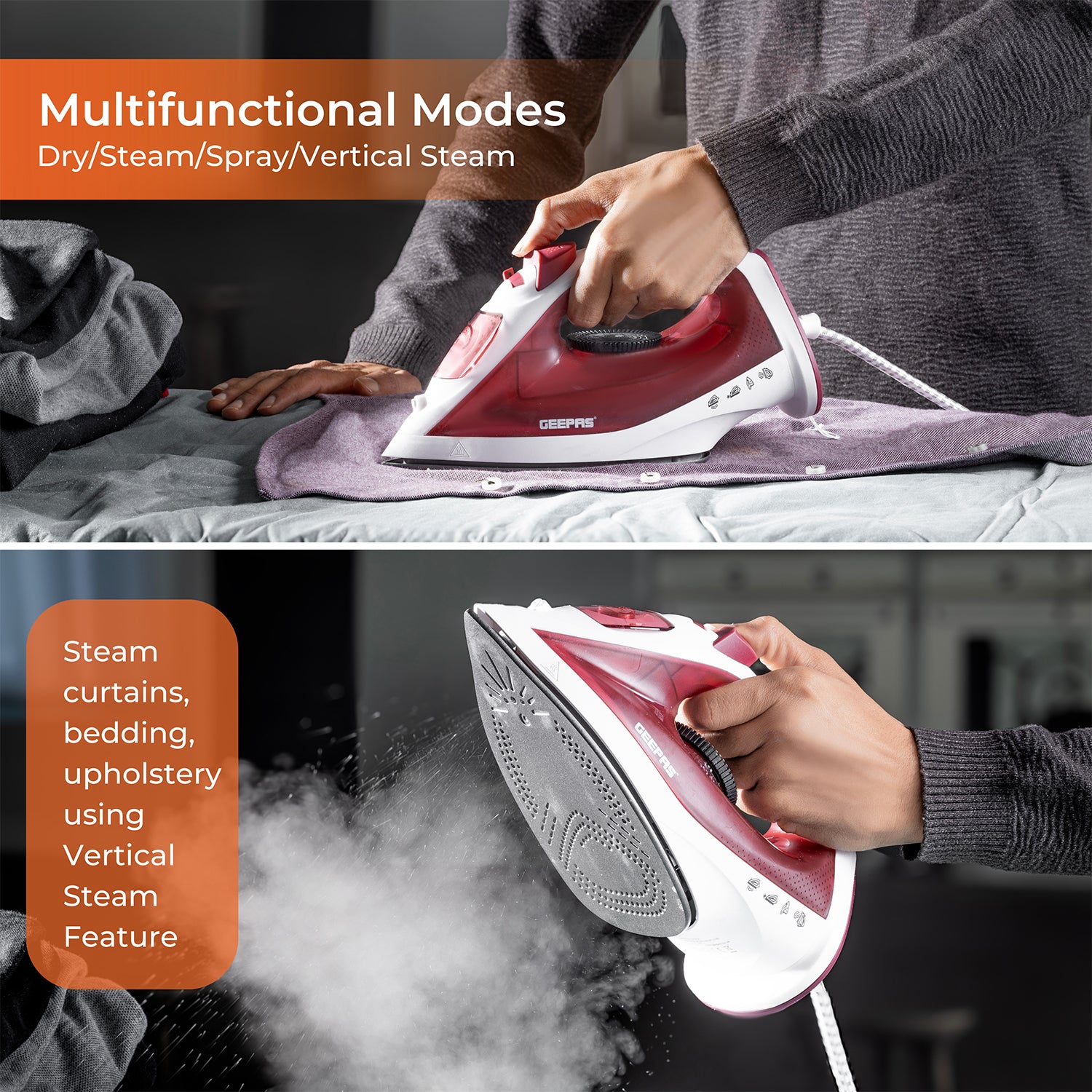 Geepas Steam Iron- GSI7783/ Dry Ironing Box with Non-Stick Soleplate, Comfortable Handle and Handy Design with Multiple Functions/ 120 ml Water Tank