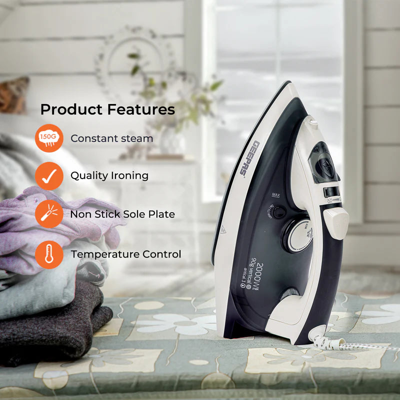 Geepas GSI7788 Ceramic Steam Iron 2000W- Temperature Control for Wet/Dry Crease Free Ironing | Steam Function & Self Cleaning Function | 2 Years Warranty