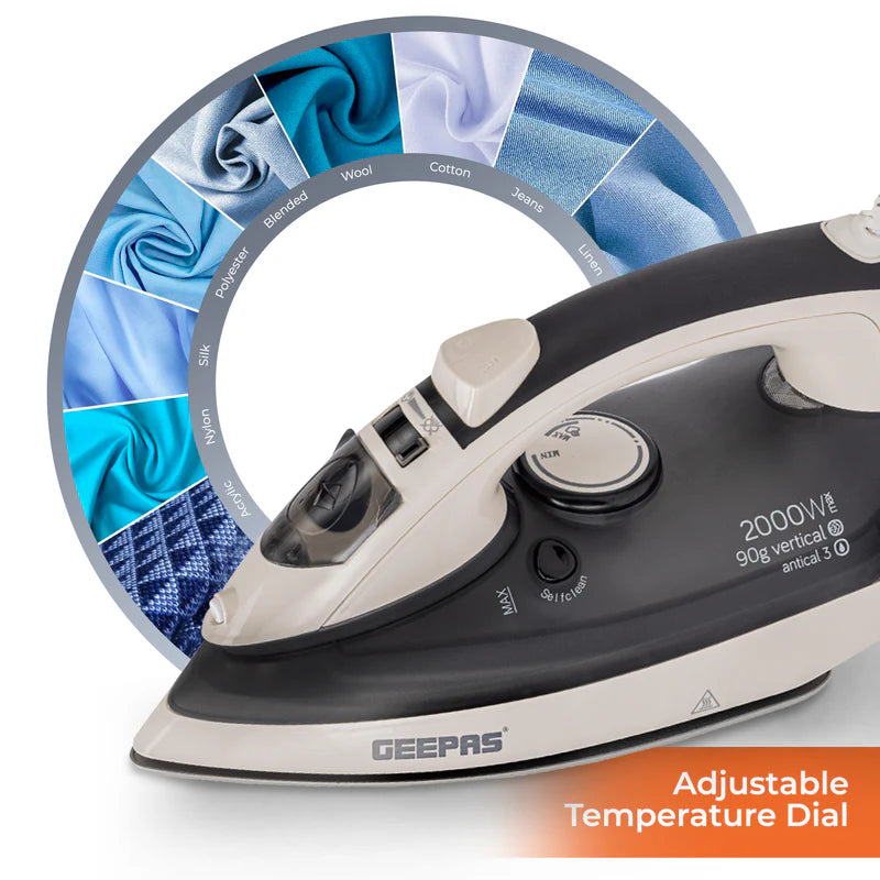 Geepas GSI7788 Ceramic Steam Iron 2000W- Temperature Control for Wet/Dry Crease Free Ironing | Steam Function & Self Cleaning Function | 2 Years Warranty