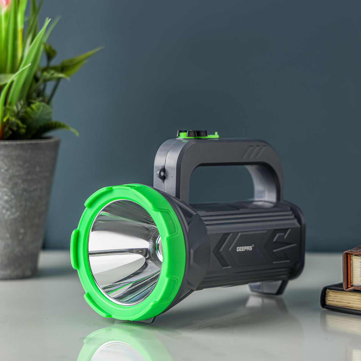 Geepas Rechargeable Search Light GSL5575 | Long-Lasting LED Spotlight with 15H Backup, 2x1200mAh Lithium Battery, Durable Body, Ergonomic Handle & Type-C Charging
