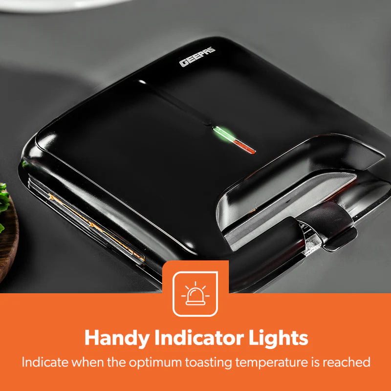 Geepas Sandwich Maker GSM36533UK | 750W Powerful Toaster| Non-Stick Plates| Power & Ready Light| Cool Touch Handle| Easy to Clean & Overheat Protection | 2-Year Warranty