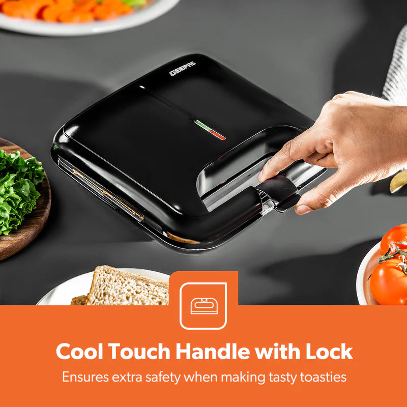 Geepas Sandwich Maker GSM36533UK | 750W Powerful Toaster| Non-Stick Plates| Power & Ready Light| Cool Touch Handle| Easy to Clean & Overheat Protection | 2-Year Warranty