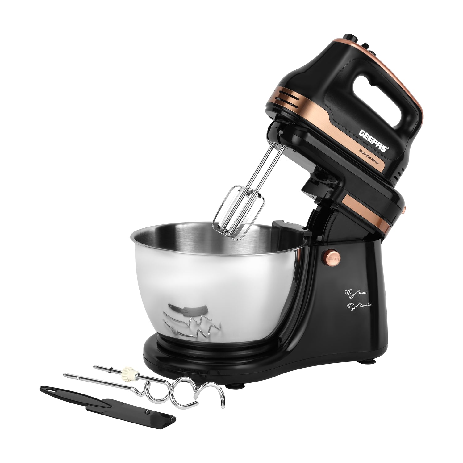 Geepas Stand Mixer GSM43033, 500W powerful motor with 4.5L stainless steel bowl, 5 speed + turbo, includes dough hook, beater & whisk, black & silver, 2-year warranty