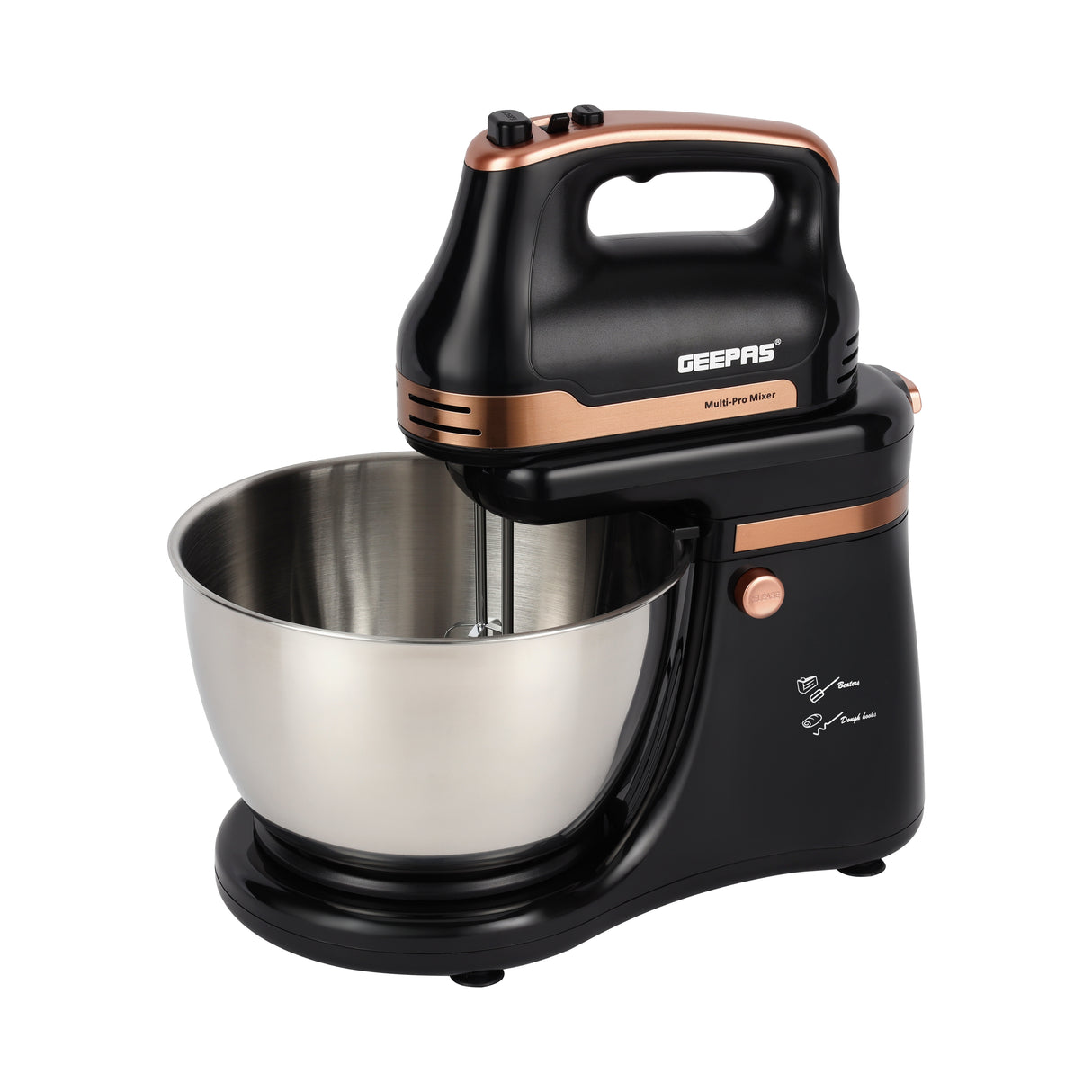 Geepas Stand Mixer GSM43033, 500W powerful motor with 4.5L stainless steel bowl, 5 speed + turbo, includes dough hook, beater & whisk, black & silver, 2-year warranty