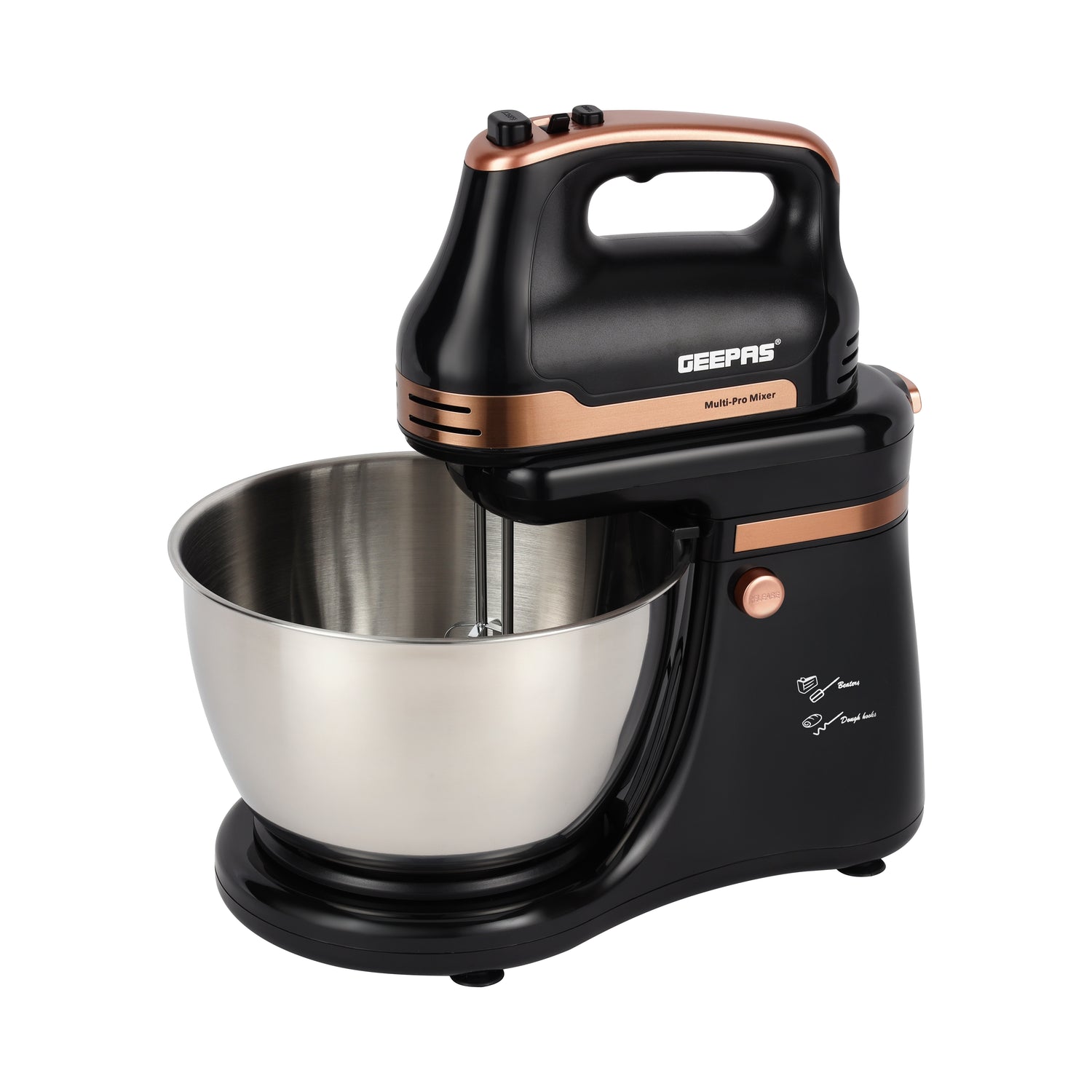Geepas Stand Mixer GSM43033, 500W powerful motor with 4.5L stainless steel bowl, 5 speed + turbo, includes dough hook, beater & whisk, black & silver, 2-year warranty