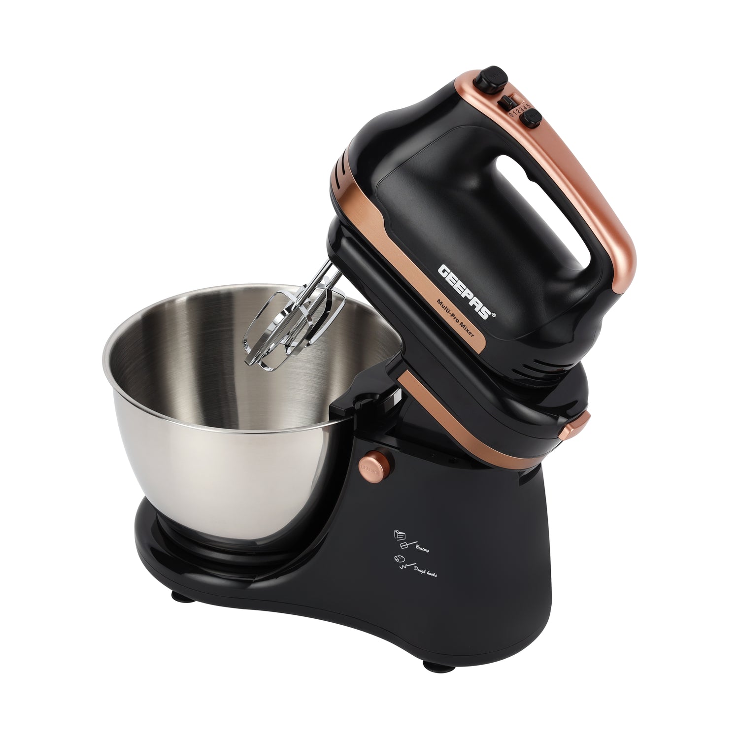 Geepas Stand Mixer GSM43033, 500W powerful motor with 4.5L stainless steel bowl, 5 speed + turbo, includes dough hook, beater & whisk, black & silver, 2-year warranty