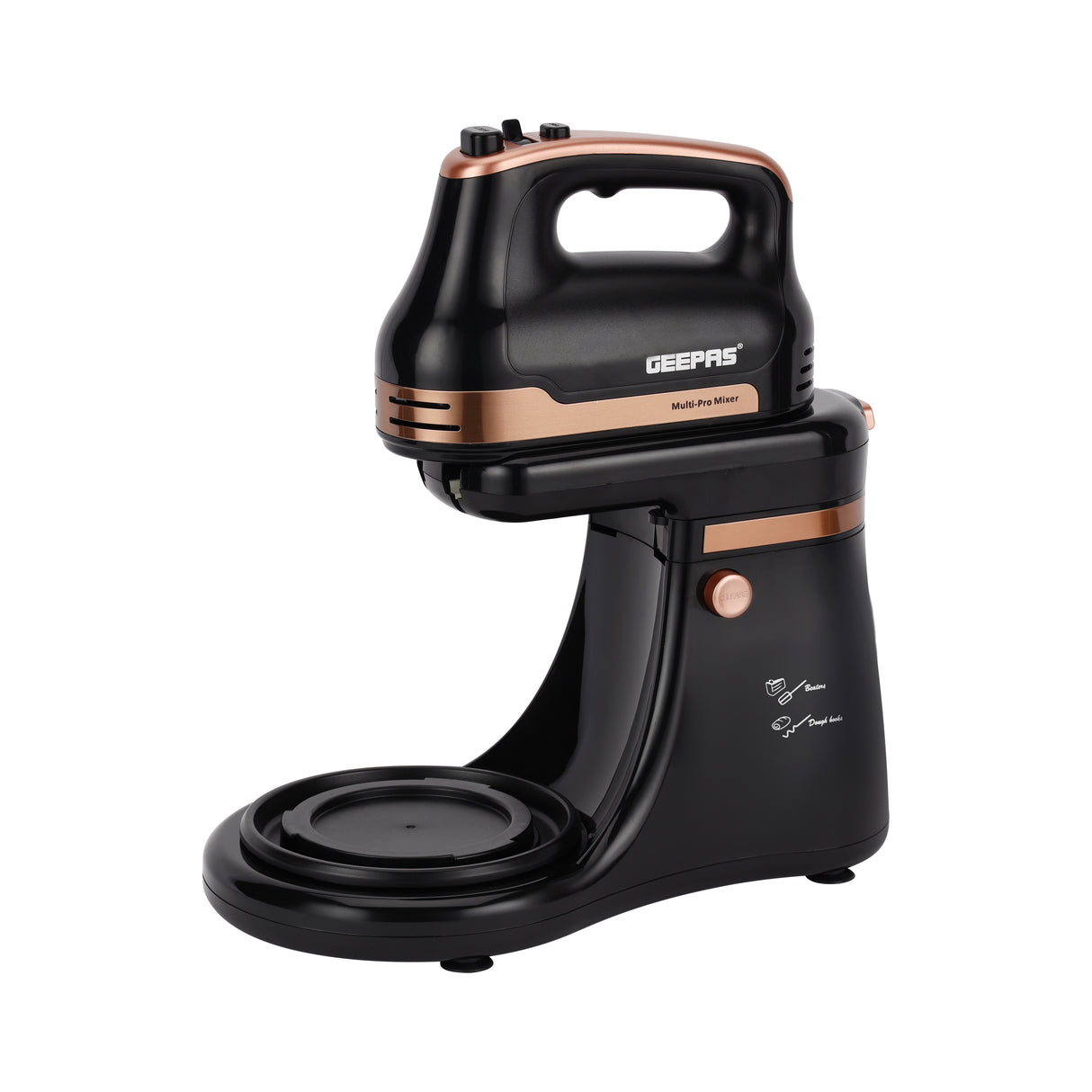 Geepas Stand Mixer GSM43033, 500W powerful motor with 4.5L stainless steel bowl, 5 speed + turbo, includes dough hook, beater & whisk, black & silver, 2-year warranty