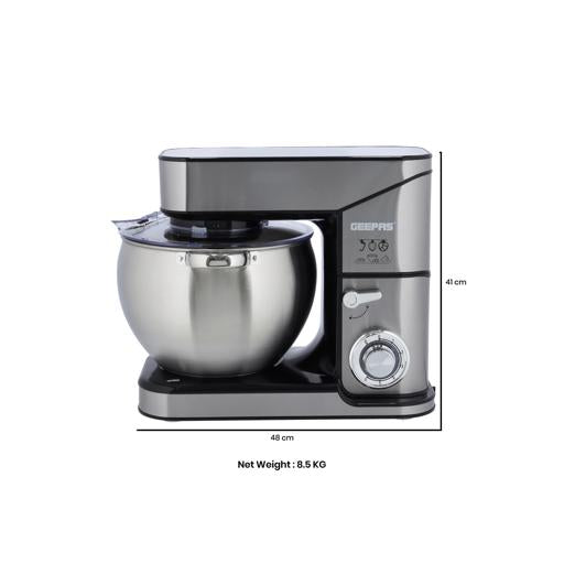 Geepas GSM43041 Kitchen Machine | 10L Capacity Stainless Steel Bowl Stand Mixer| 2000W  6 Speed Control | 3 Mixing Tools  Whisk, Beater & Dough Hook| 2 Years Warranty