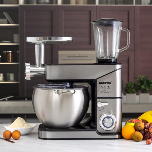 Geepas Multi-Function Kitchen Machine GSM43044 | 2000W Stand Mixer | 10L Bowl | 1.5L Glass Blender Jar | Meat Grinder | 6 Speed Control | Safety Lock| 2 Years Warranty