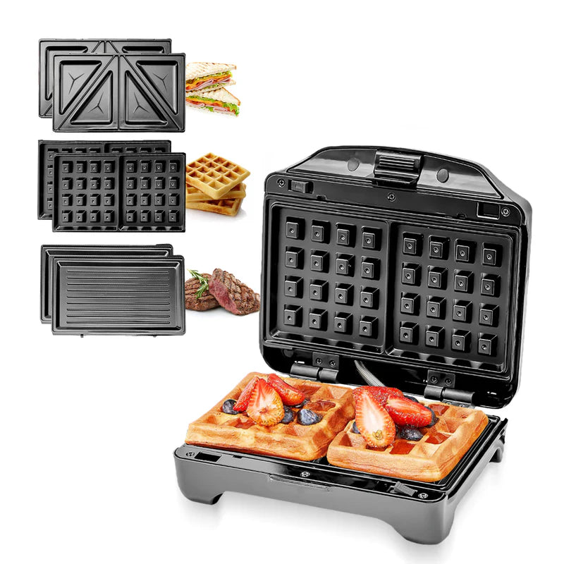 Geepas 3-in-1 Sandwich Maker GSM5425 | 750W Powerful Performance | Includes Grill & Waffle Plates| Non-Stick Coating| Compact Design| Easy Cleaning | 2-Year Warranty