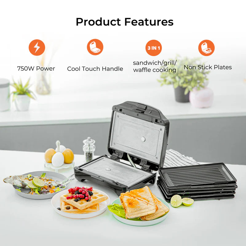 Geepas 3-in-1 Sandwich Maker GSM5425 | 750W Powerful Performance | Includes Grill & Waffle Plates| Non-Stick Coating| Compact Design| Easy Cleaning | 2-Year Warranty