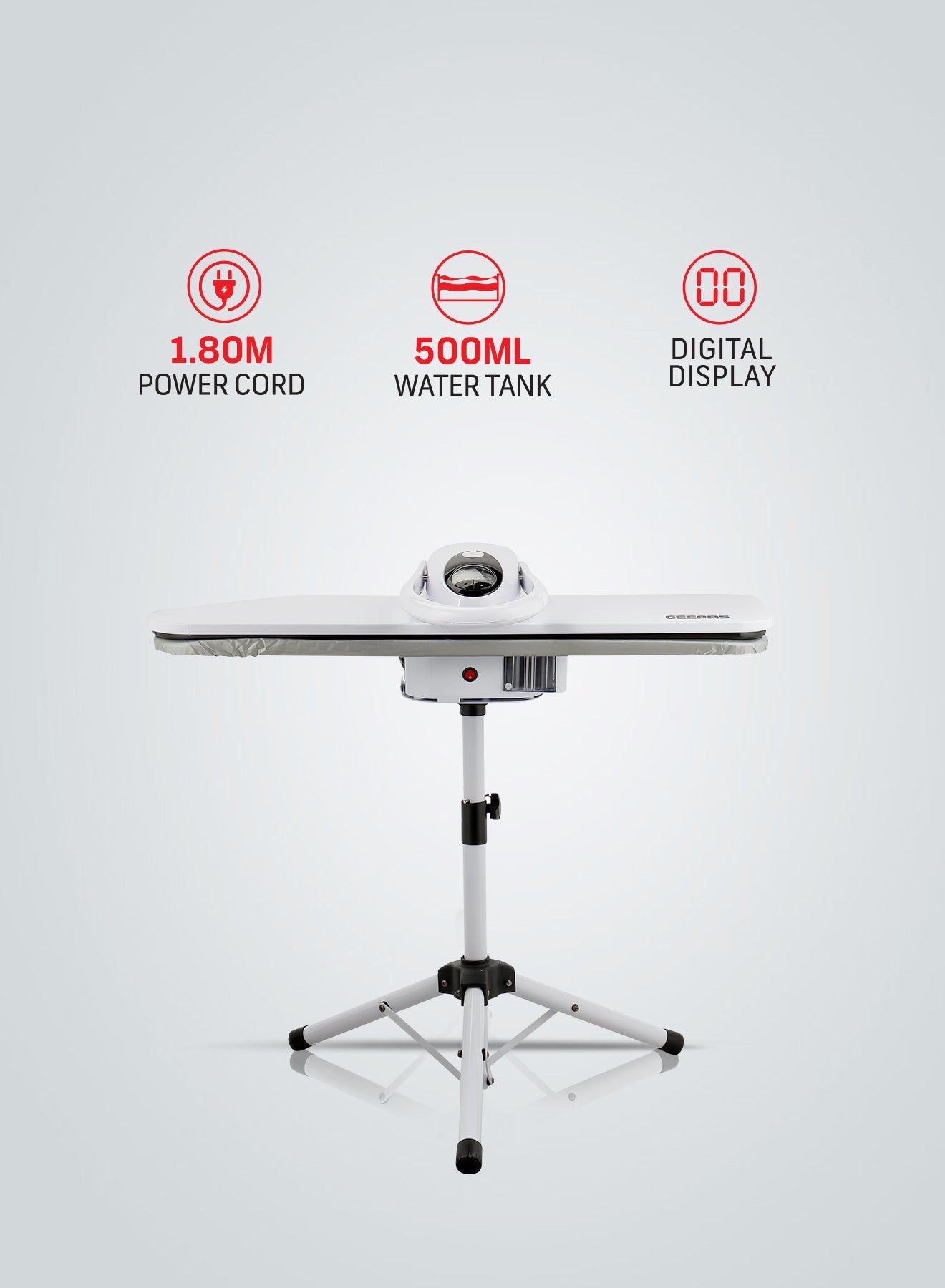 Geepas GSP25037 38-Inch Digital Steam Press with Stand | 2200W Power| Auto Temperature Control | Large Pressing Surface| Adjustable Steam| Safety Lock| 2 Years Warranty