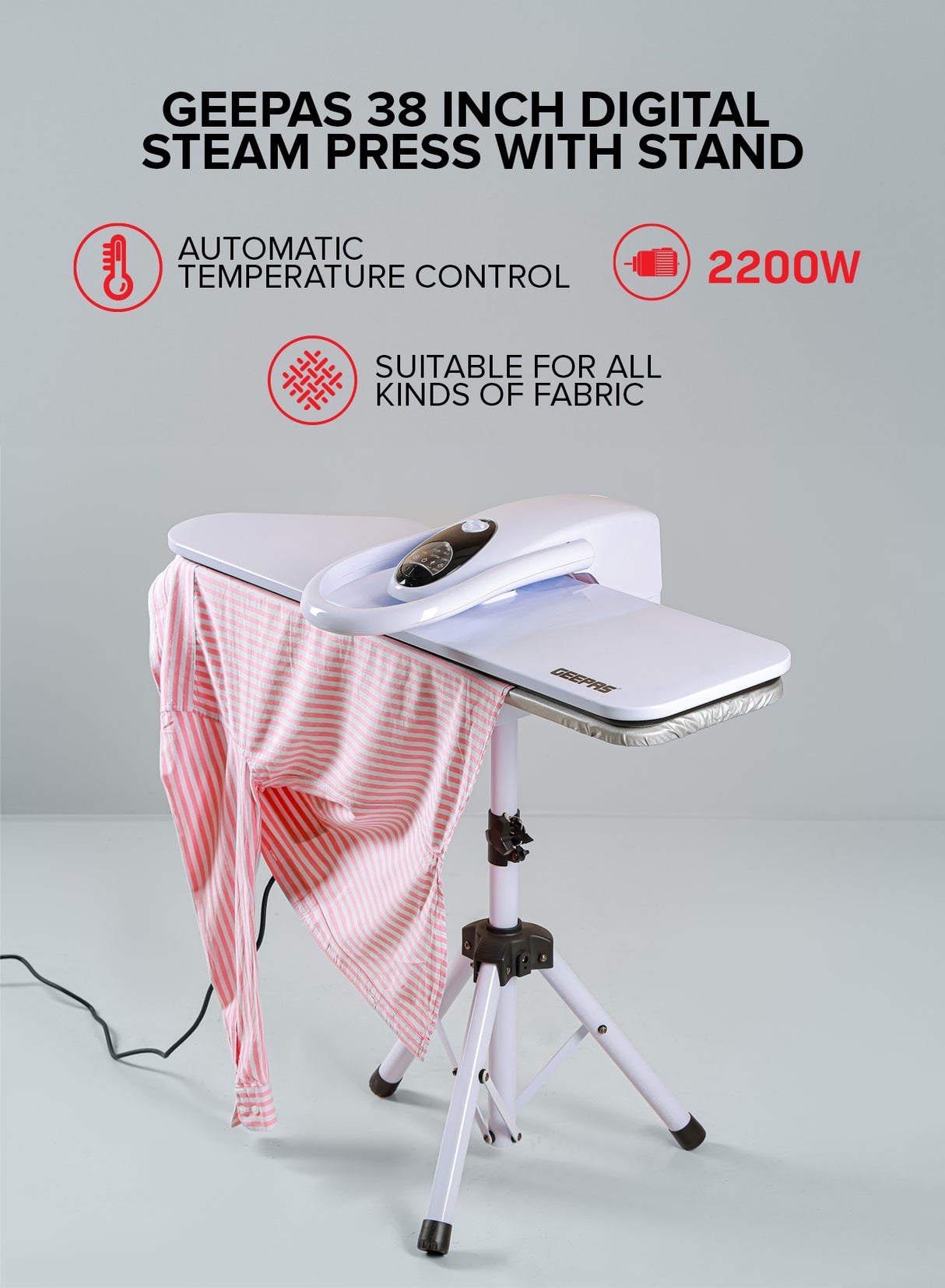 Geepas GSP25037 38-Inch Digital Steam Press with Stand | 2200W Power| Auto Temperature Control | Large Pressing Surface| Adjustable Steam| Safety Lock| 2 Years Warranty