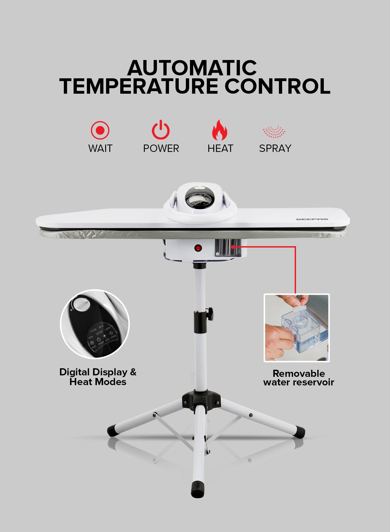 Geepas GSP25037 38-Inch Digital Steam Press with Stand | 2200W Power| Auto Temperature Control | Large Pressing Surface| Adjustable Steam| Safety Lock| 2 Years Warranty