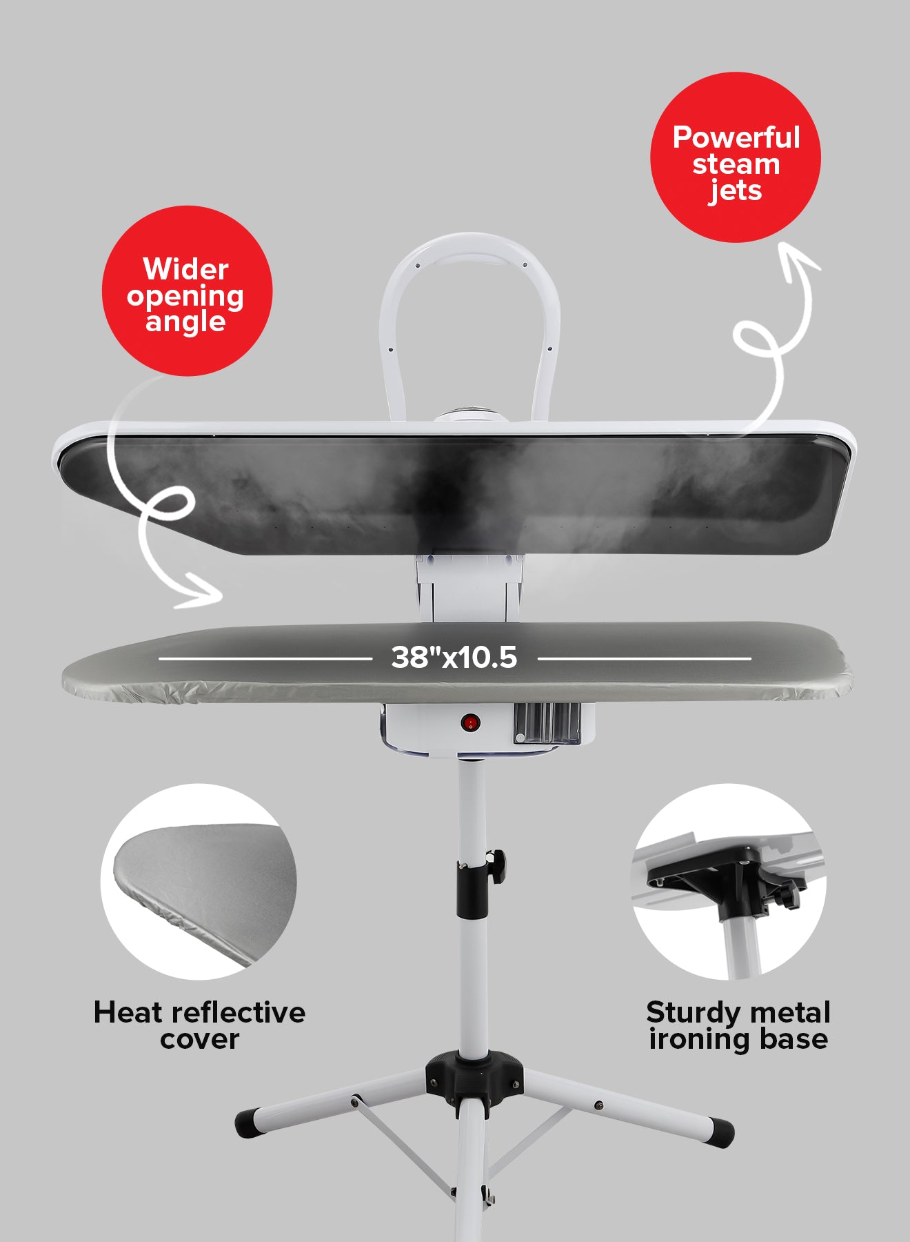 Geepas GSP25037 38-Inch Digital Steam Press with Stand | 2200W Power| Auto Temperature Control | Large Pressing Surface| Adjustable Steam| Safety Lock| 2 Years Warranty