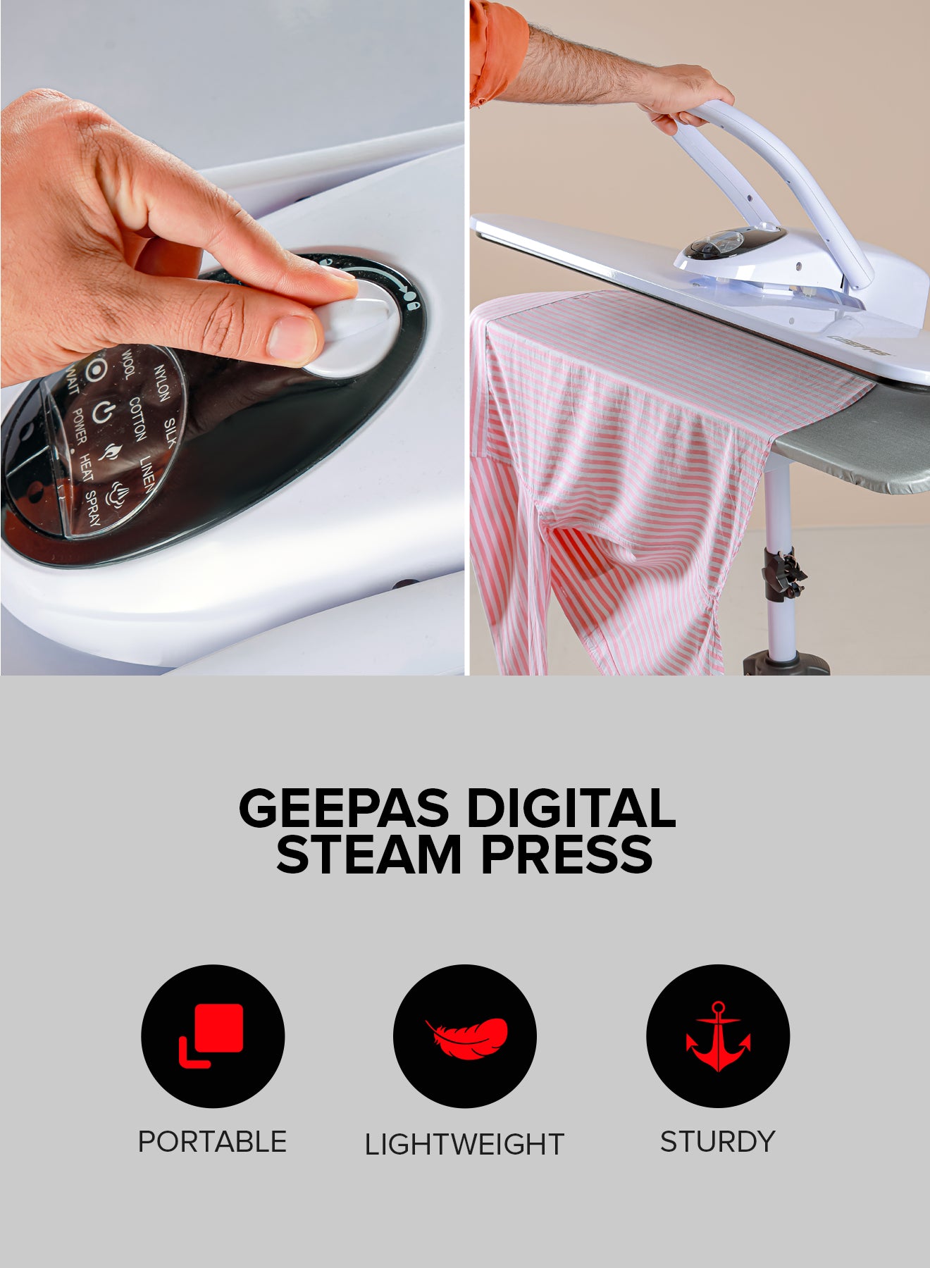 Geepas GSP25037 38-Inch Digital Steam Press with Stand | 2200W Power| Auto Temperature Control | Large Pressing Surface| Adjustable Steam| Safety Lock| 2 Years Warranty