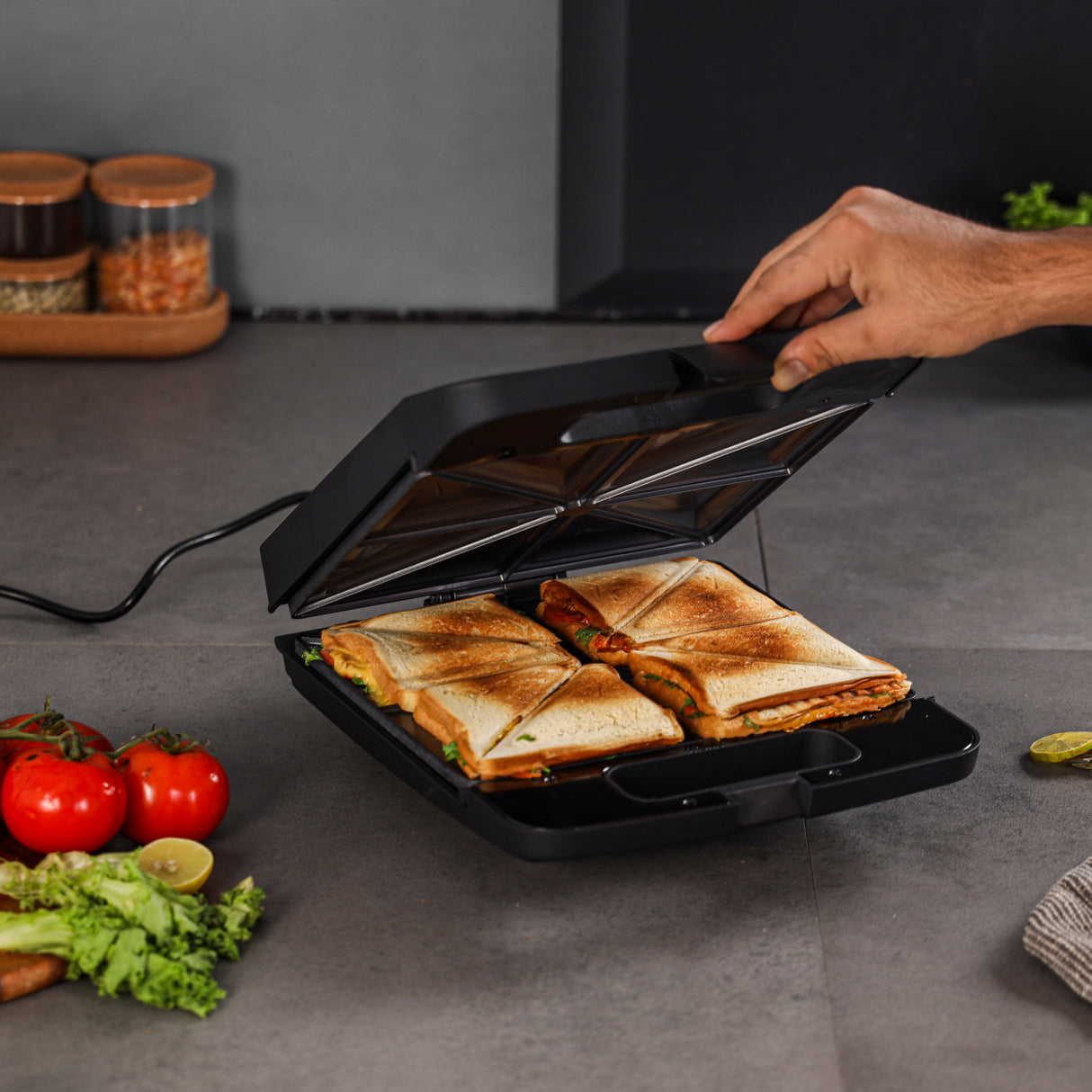 Geepas 4 Slice Sandwich Maker- GST5391 | 1100W with Automatic Temperature Control, Non-Stick Plates, Cool Touch Handle | Perfect for Breakfast & Snacks | 2Year Warranty