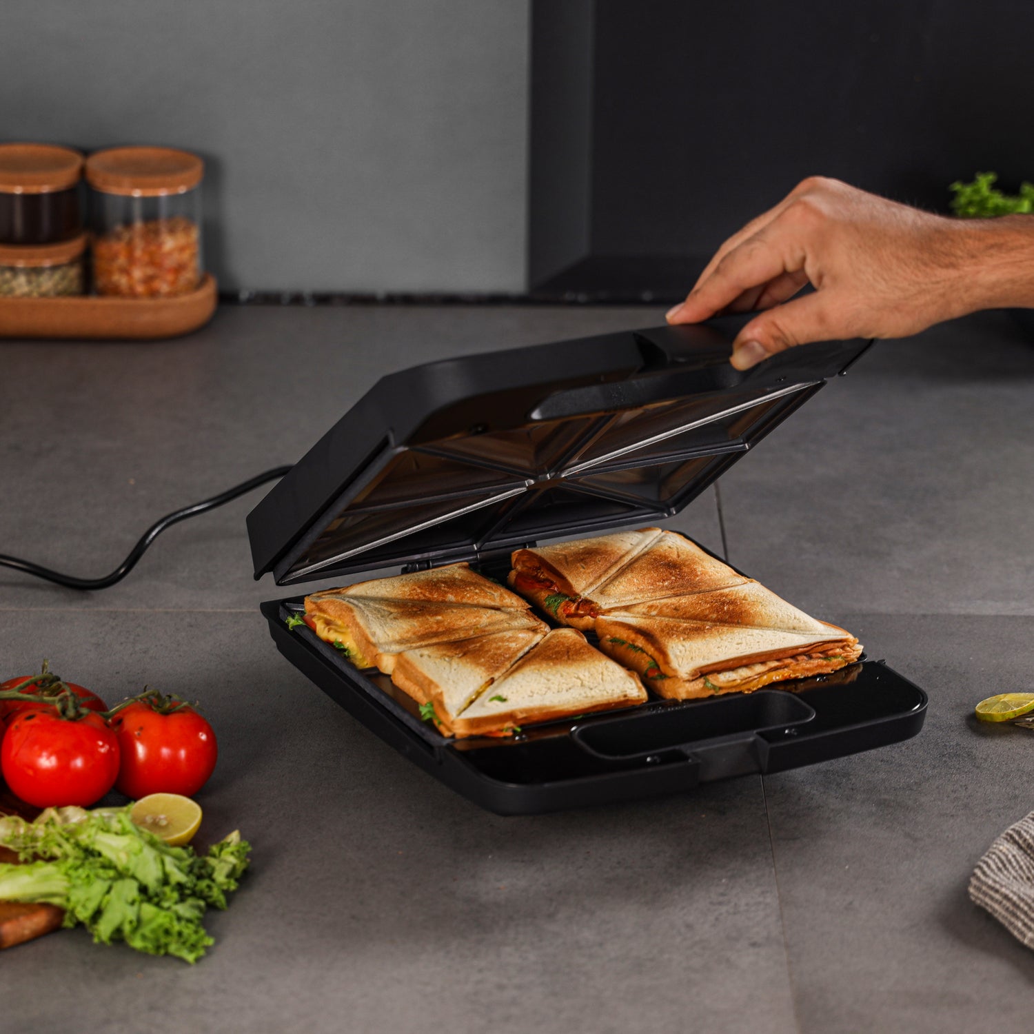 Geepas 4 Slice Sandwich Maker- GST5391 | 1100W with Automatic Temperature Control, Non-Stick Plates, Cool Touch Handle | Perfect for Breakfast & Snacks | 2Year Warranty