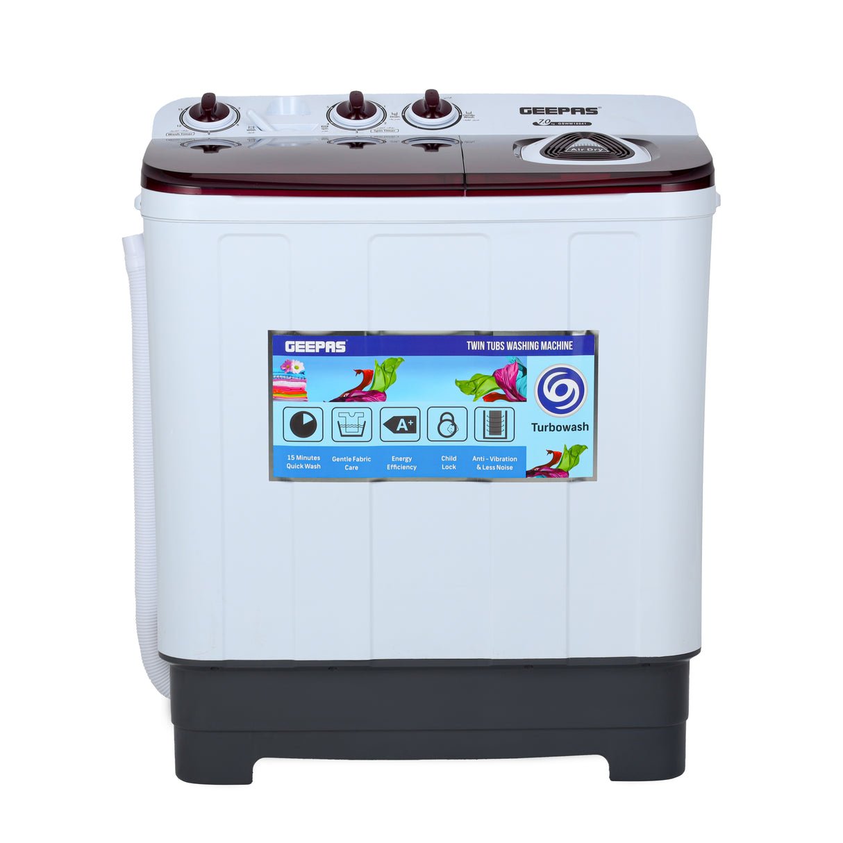 Geepas GSWM18041 Twin Tub Washing Machine | 7Kg Wash & 5Kg Spin Capacity| Big Pulsator| Air Dry Function| Transparent Lid| Magic Filter| Durable Body & 1-Year Warranty