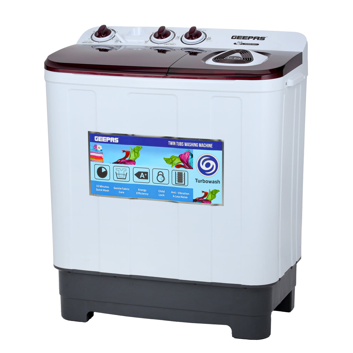 Geepas GSWM18041 Twin Tub Washing Machine | 7Kg Wash & 5Kg Spin Capacity| Big Pulsator| Air Dry Function| Transparent Lid| Magic Filter| Durable Body & 1-Year Warranty