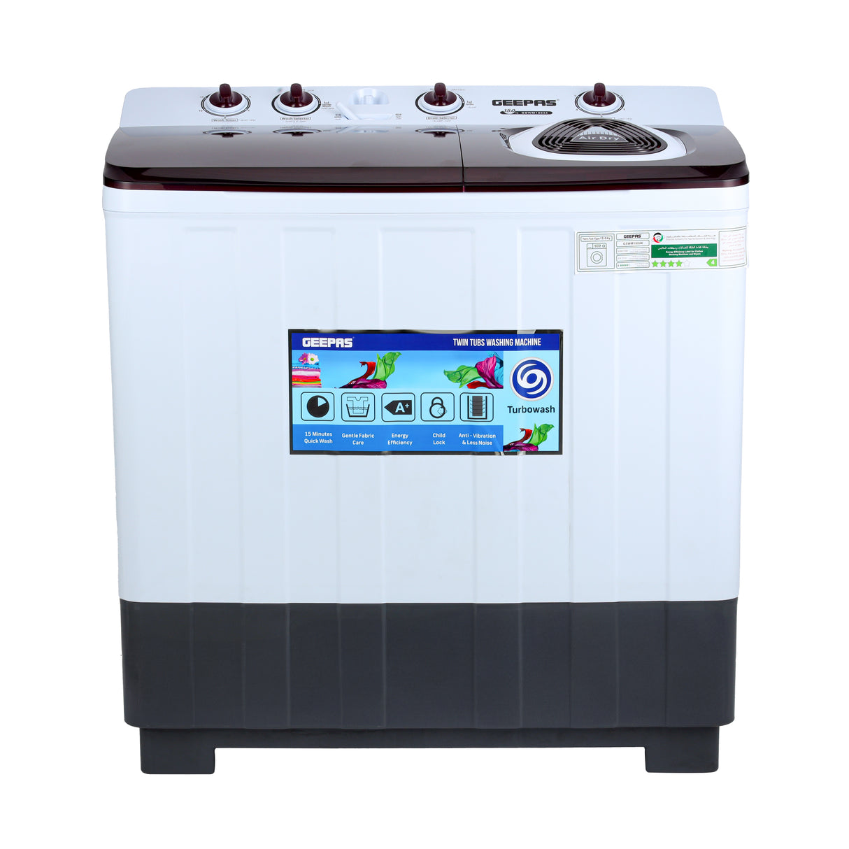 Geepas 15.0 kg Twin Tub Semi-Automatic Washing Machine- GSWM18044/ Equipped with Strong Pulsator and Air Dry Spinning Function/ Efficient Performance and Classic Design