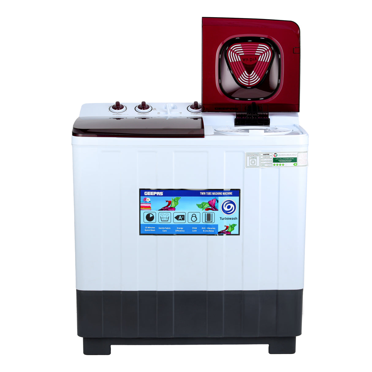 Geepas 15.0 kg Twin Tub Semi-Automatic Washing Machine- GSWM18044/ Equipped with Strong Pulsator and Air Dry Spinning Function/ Efficient Performance and Classic Design