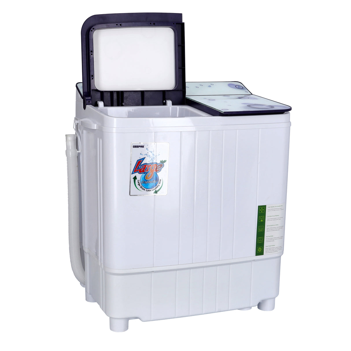 Geepas GSWM6473-3.5K Semi Automatic Mini Washing Machine | 3.5kg Wash / 1kg Spin Capacity |  360W Motor |  Tempered Glass Cover | Dual Water Inlet & Modern Design