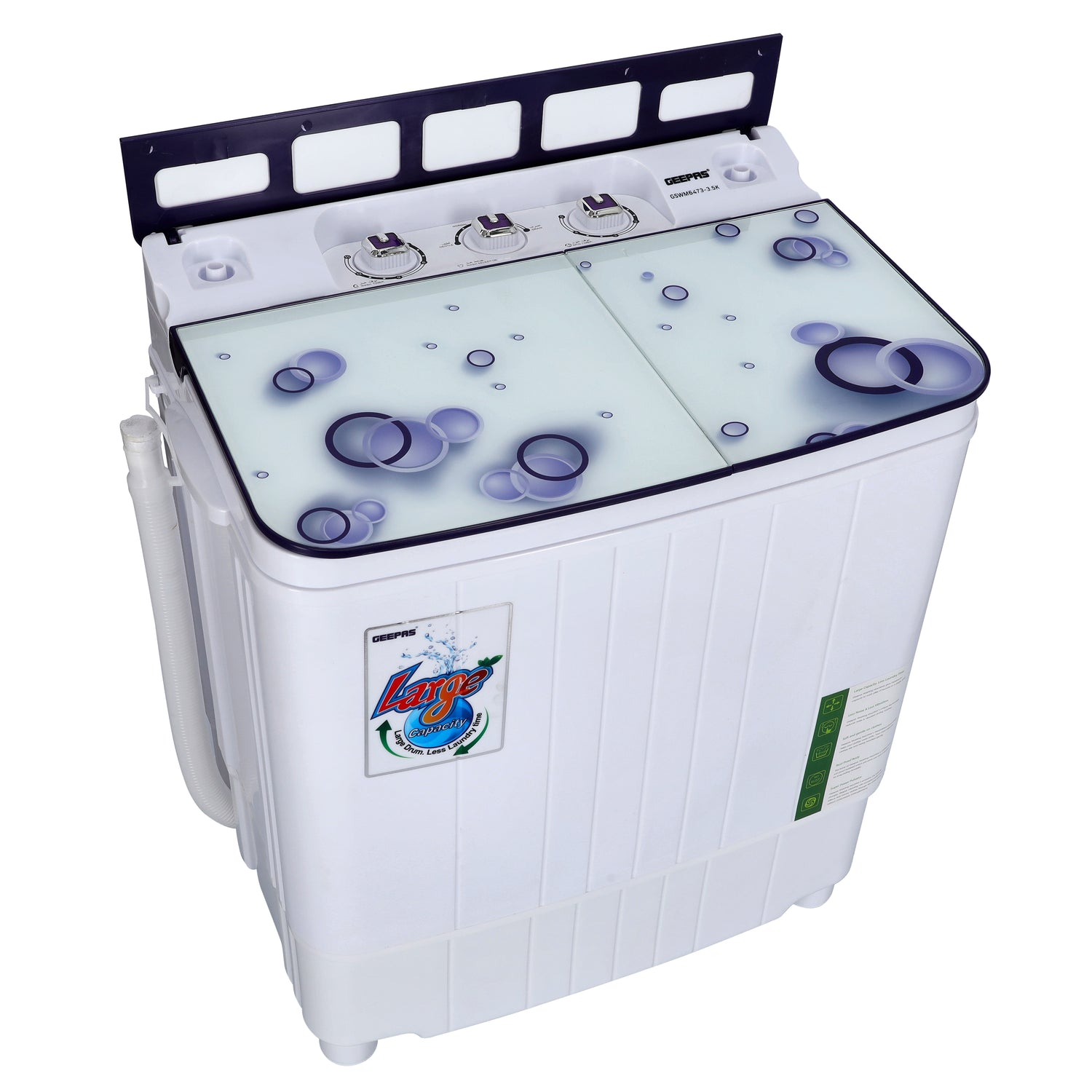 Geepas GSWM6473-3.5K Semi Automatic Mini Washing Machine | 3.5kg Wash / 1kg Spin Capacity |  360W Motor |  Tempered Glass Cover | Dual Water Inlet & Modern Design
