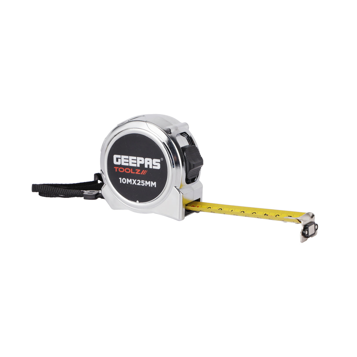 Geepas Measuring Tape- GT59315| 10 M X 25 MM, High Impact Chrome Body and Super Magnetic Hook| Double Sided High Visibility, With Metric and Inch Gradation| Silver