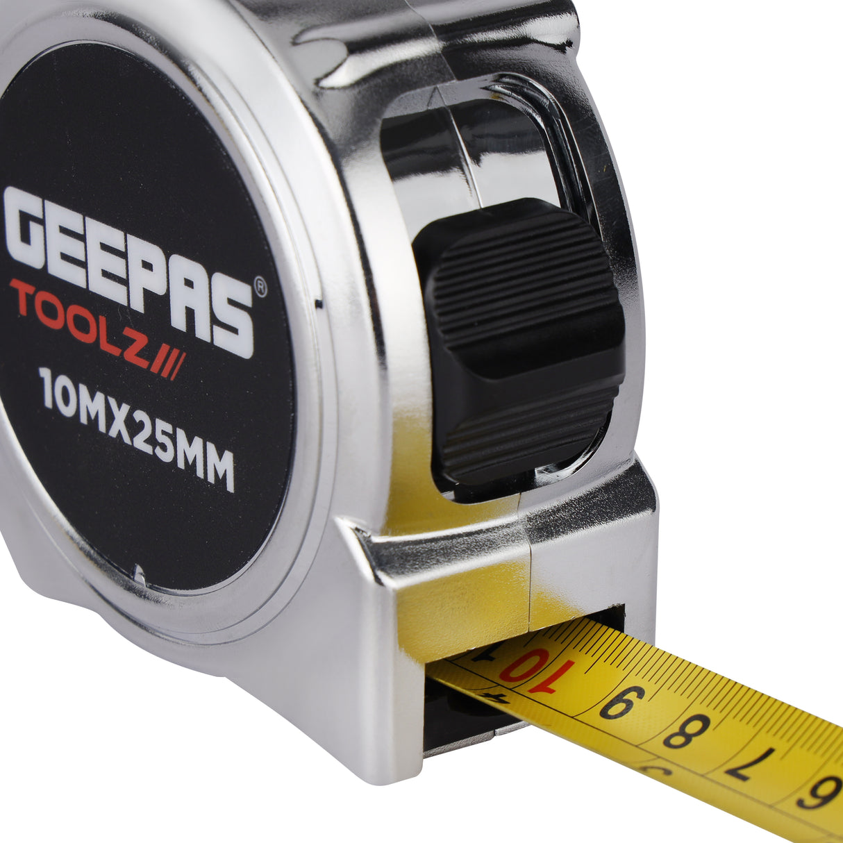 Geepas Measuring Tape- GT59315| 10 M X 25 MM, High Impact Chrome Body and Super Magnetic Hook| Double Sided High Visibility, With Metric and Inch Gradation| Silver