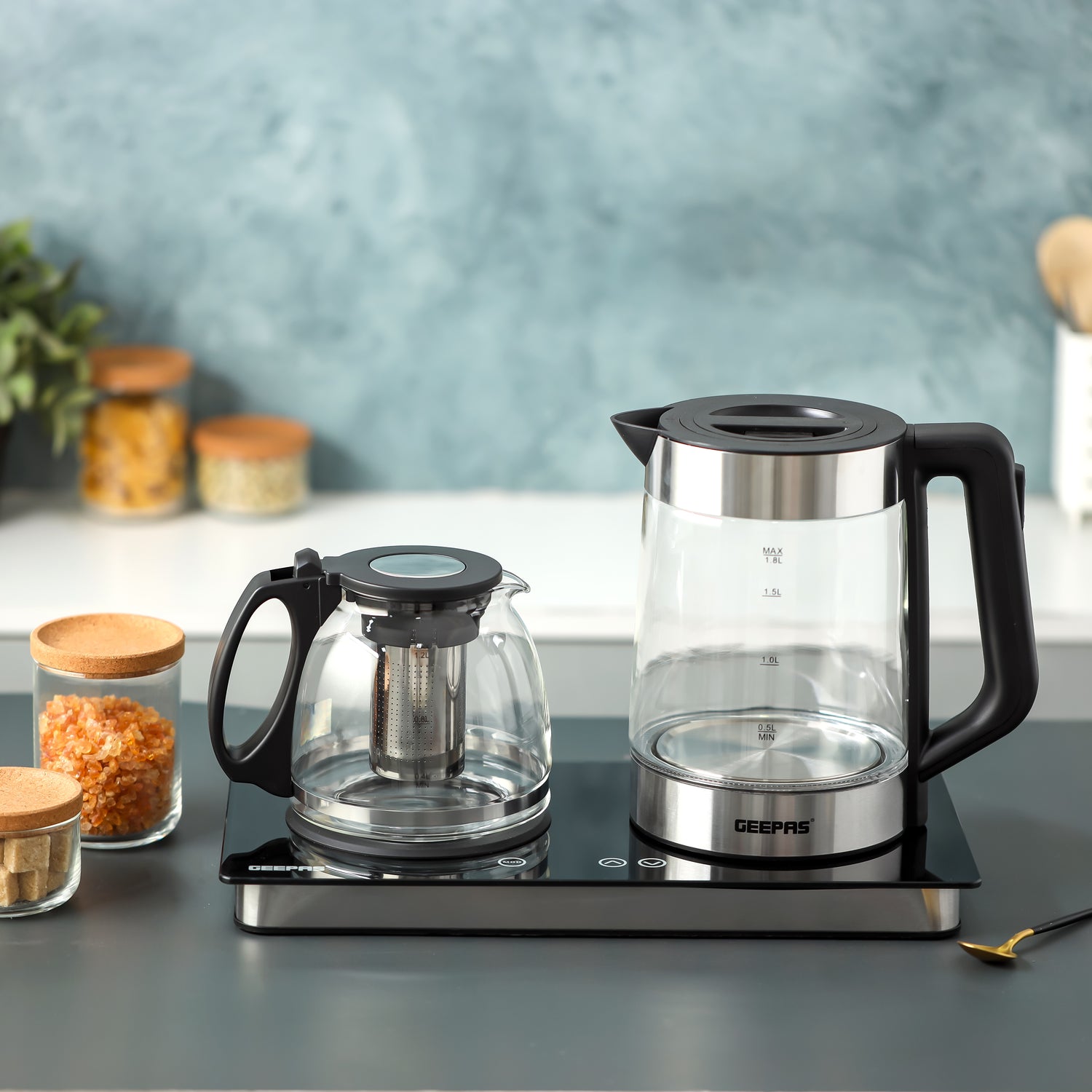 Geepas Borosilicate Glass Digital Tea Maker- GTM38065/ 1.8 L and 1.2 L, Touch Screen Control, 60W for Fast Boiling/  2 Years Warranty, Silver and Black