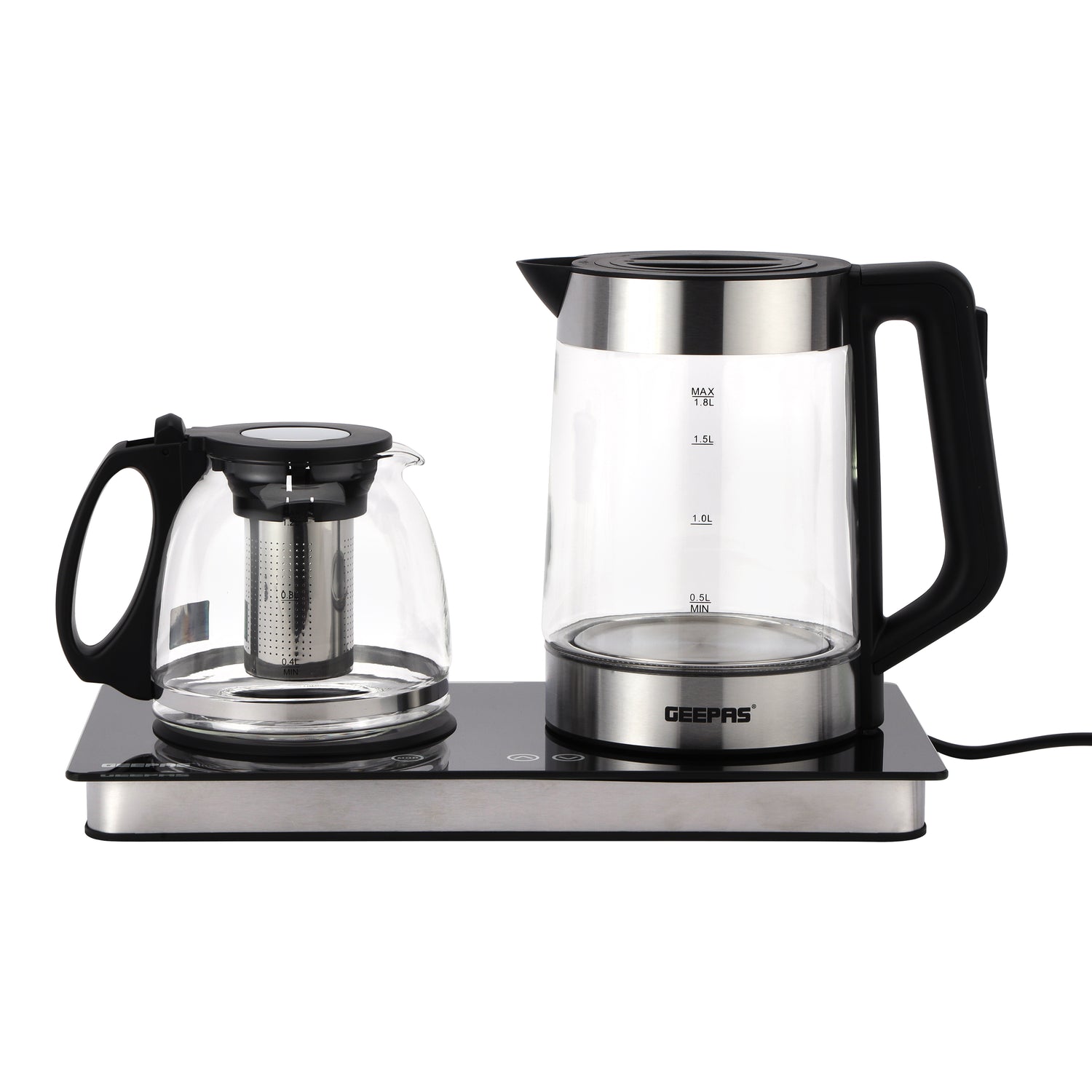 Geepas Borosilicate Glass Digital Tea Maker- GTM38065/ 1.8 L and 1.2 L, Touch Screen Control, 60W for Fast Boiling/  2 Years Warranty, Silver and Black