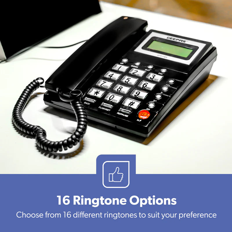 Geepas GTP7185 Executive Telephone with Caller ID | FSK/DTMF Dual System |  16-Digit LCD Display |  50 Incoming & 15 Outgoing Calls |  16 Ringtones |  Hands-Free|