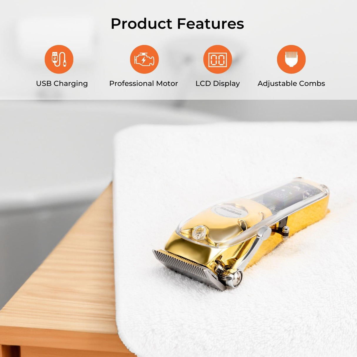 Geepas Professional Digital Hair Clipper GTR57504 | High-Capacity Battery & Fast USB Charging | 4 Adjustable Blades, 8 Combs, LCD Display, 2Year Warranty, Golden