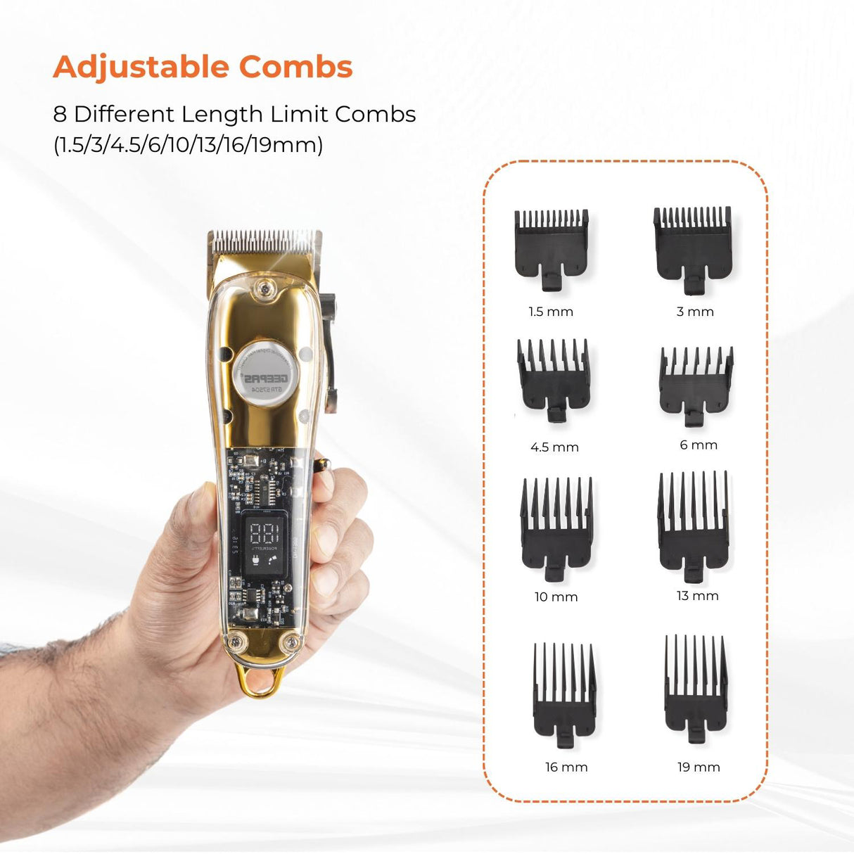 Geepas Professional Digital Hair Clipper GTR57504 | High-Capacity Battery & Fast USB Charging | 4 Adjustable Blades, 8 Combs, LCD Display, 2Year Warranty, Golden