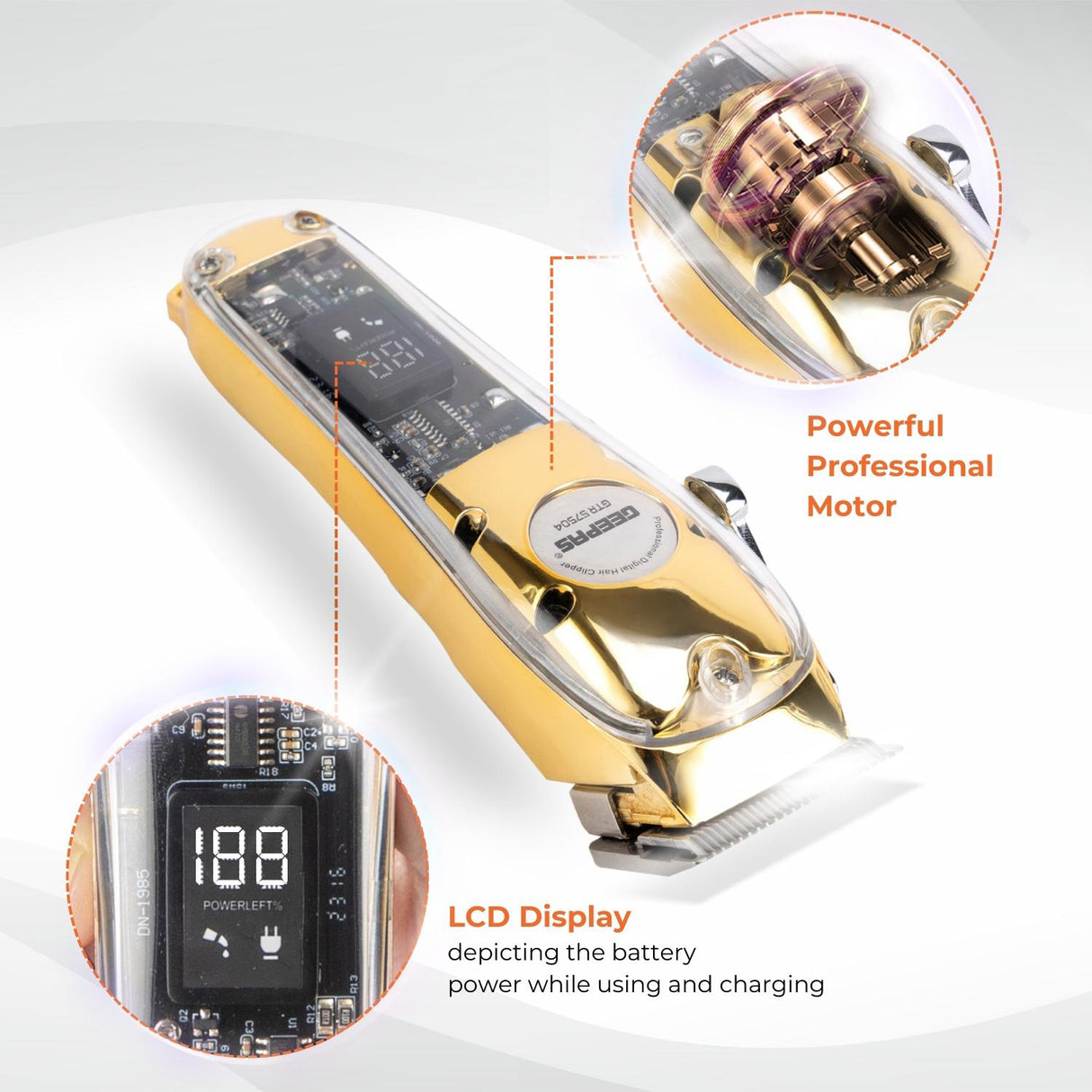 Geepas Professional Digital Hair Clipper GTR57504 | High-Capacity Battery & Fast USB Charging | 4 Adjustable Blades, 8 Combs, LCD Display, 2Year Warranty, Golden