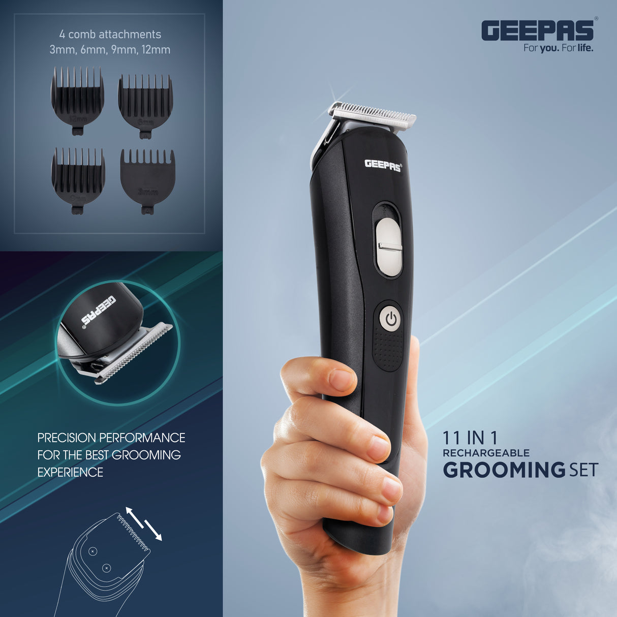 Geepas 11-in-1 Rechargeable Grooming Set- GTR8612N|  5 Interchangeable Heads and 4 Comb Attachments| LED Display with Battery Capacity Indicator| Works 60 Minutes